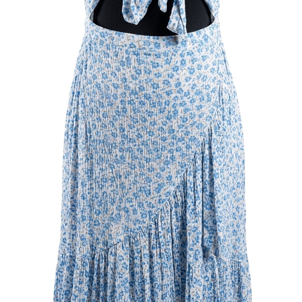 LULUS Midi Dress XL Blue Floral Tie Front Cutout High Low Ruffle Clean Girl - Picture 3 of 6